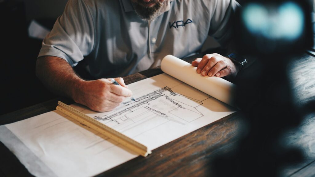 Architect working on building plans and drawings at a desk
